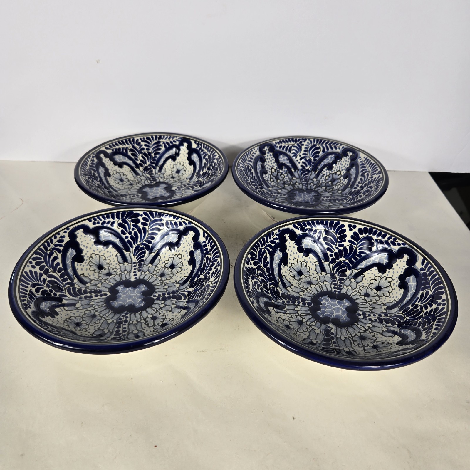 Set Of 4 Talavera Pottery Mexican Art Blue & White Soup Plate 2.5 X 7 Inches