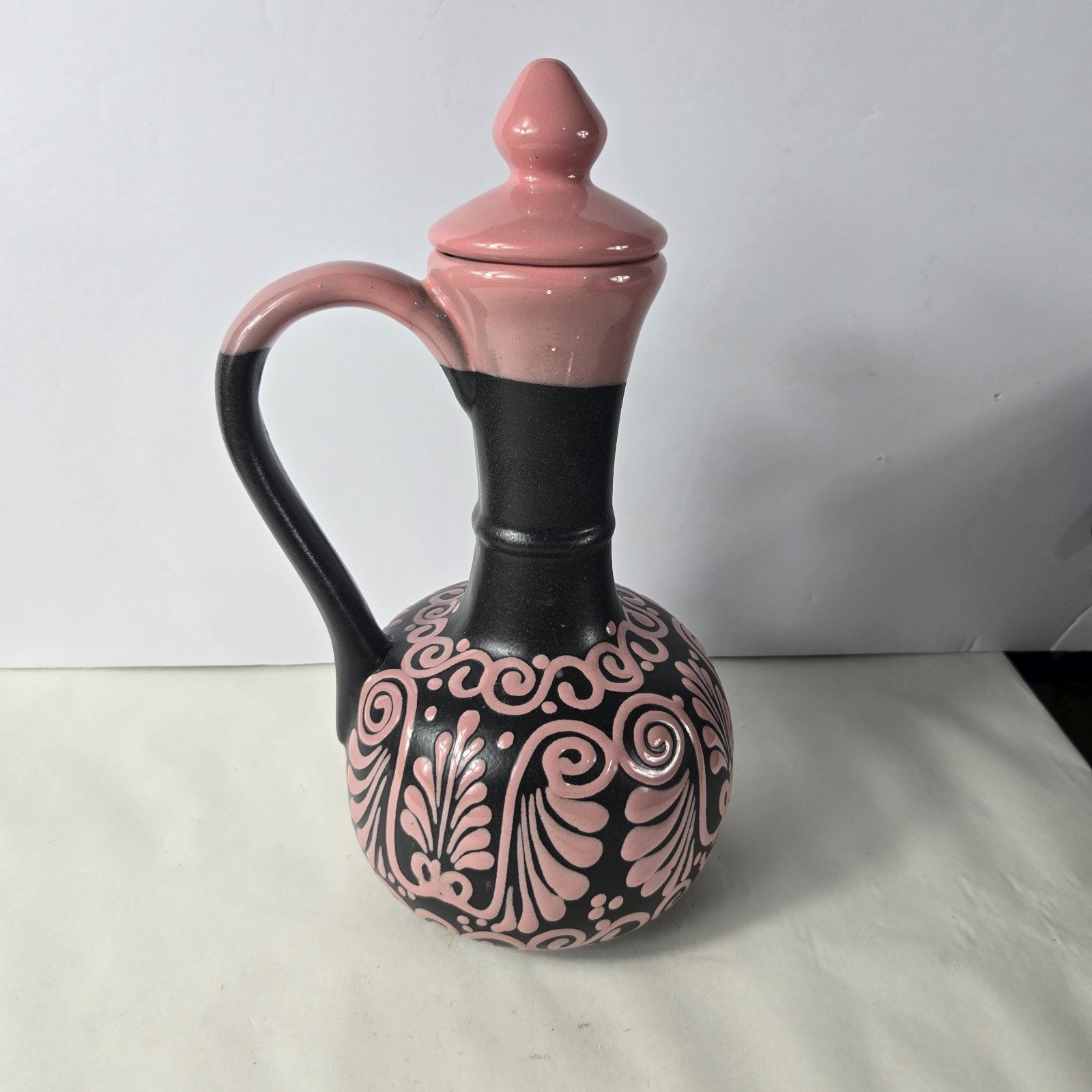 Black And Pink Talavera Pitcher Handmade Mexican Art 12 X 7.5 Inches