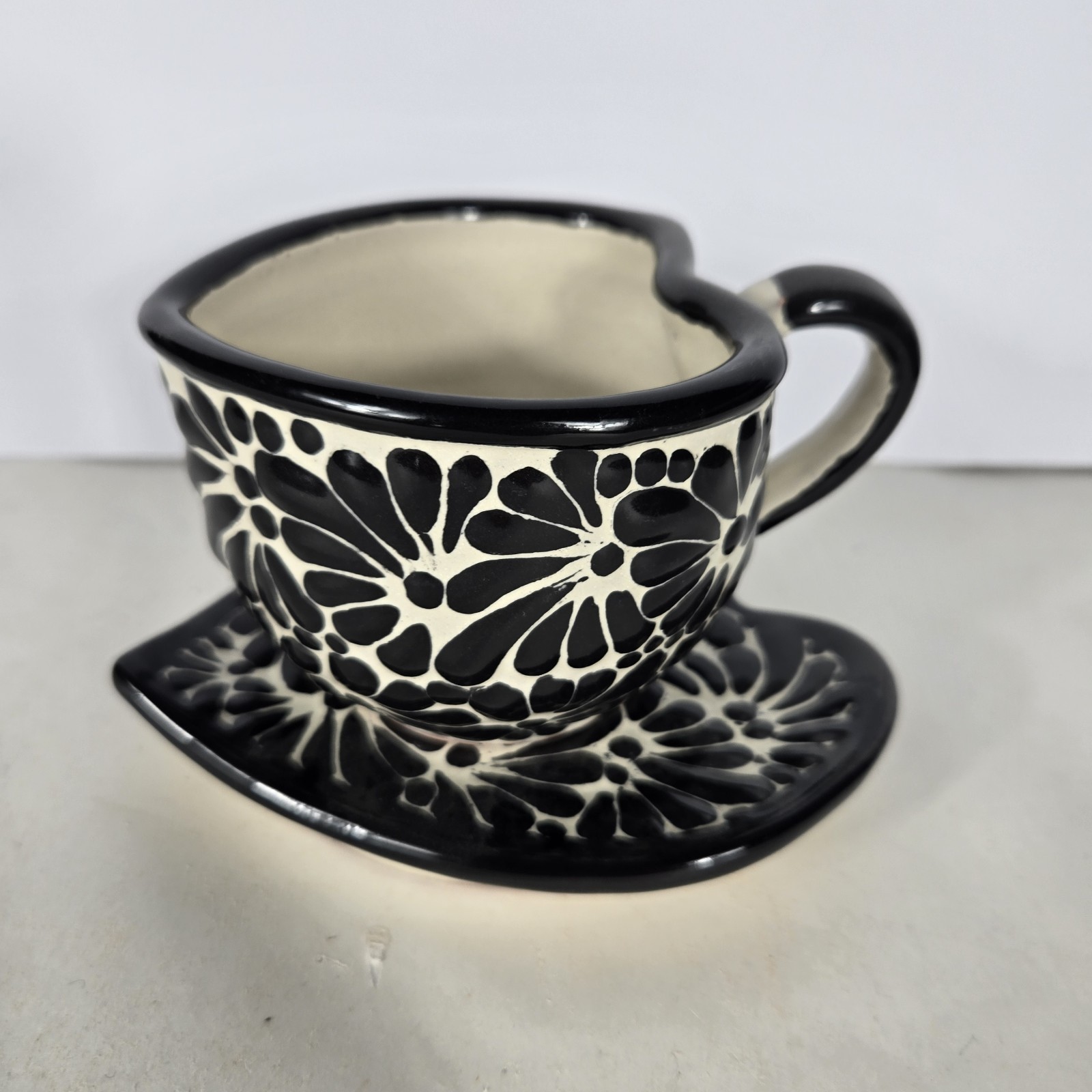 Talavera Pottery Coffee Set Mexican Art Black And Cream 3 X 4 Inches