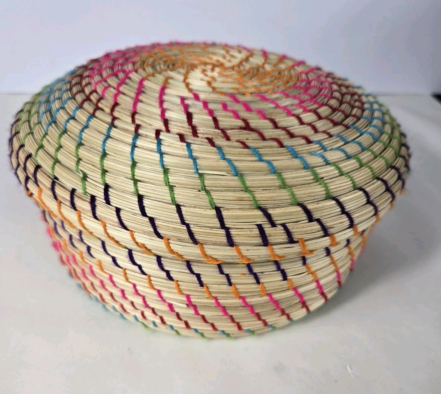 Handwoven Tortillero, Tortilla Warmer with Lid Palm Basket Mexican Art 12 X 4.5