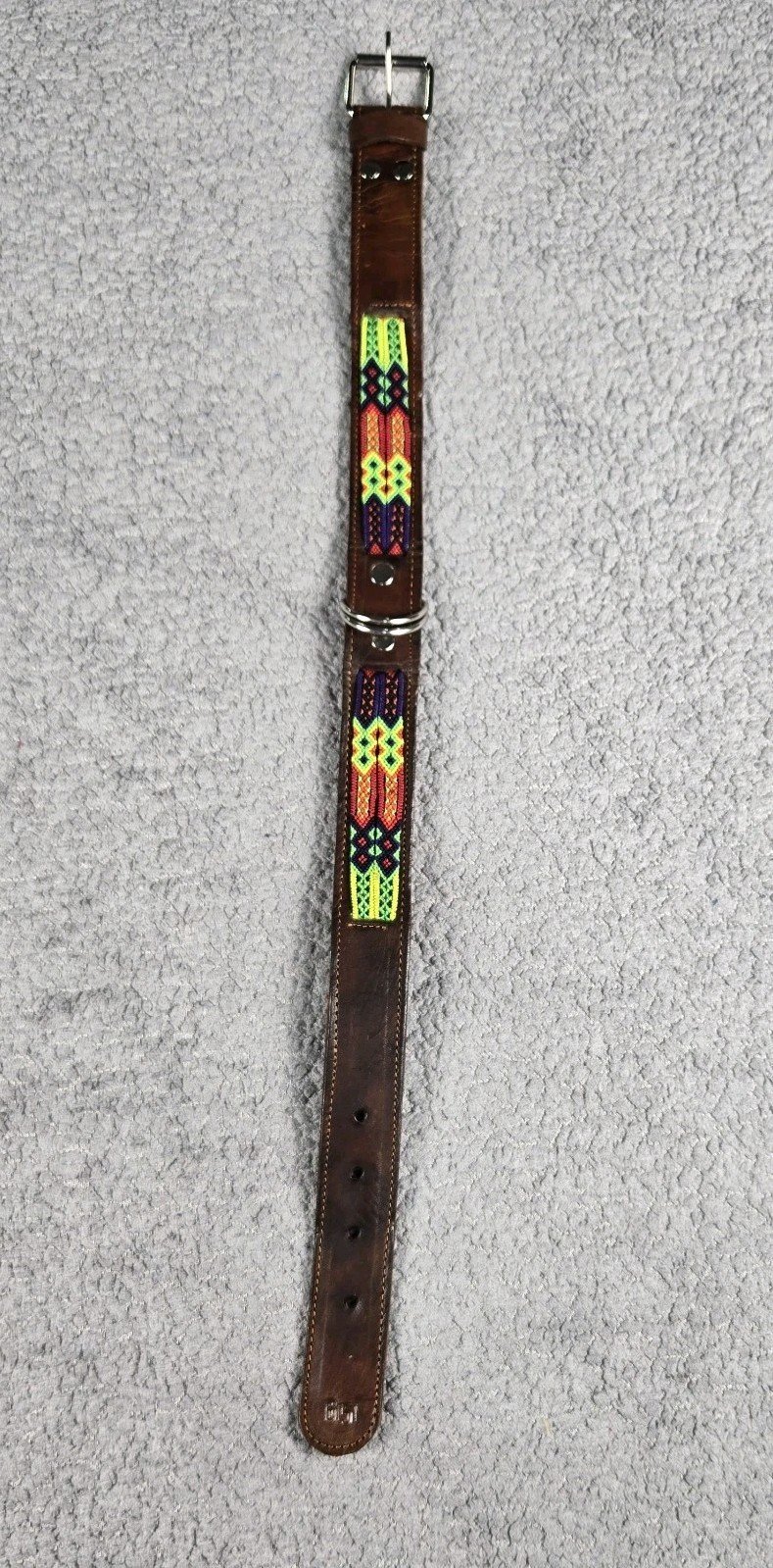Leather Dog Collar Handmade Mexican Art 25 X 2 Inch Brown Colorful