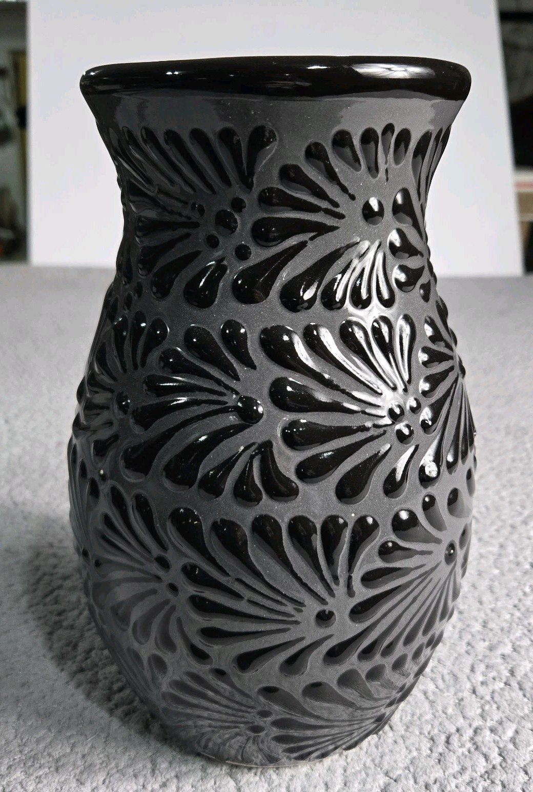 Black On Dark Gray Talavera Vase Mexican Art Hand Painted Beautiful Design