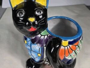 Talavera Cat PlanterMexican Pottery Art Hand Painted Pot 8.5"x 6.5" X 10.5"
