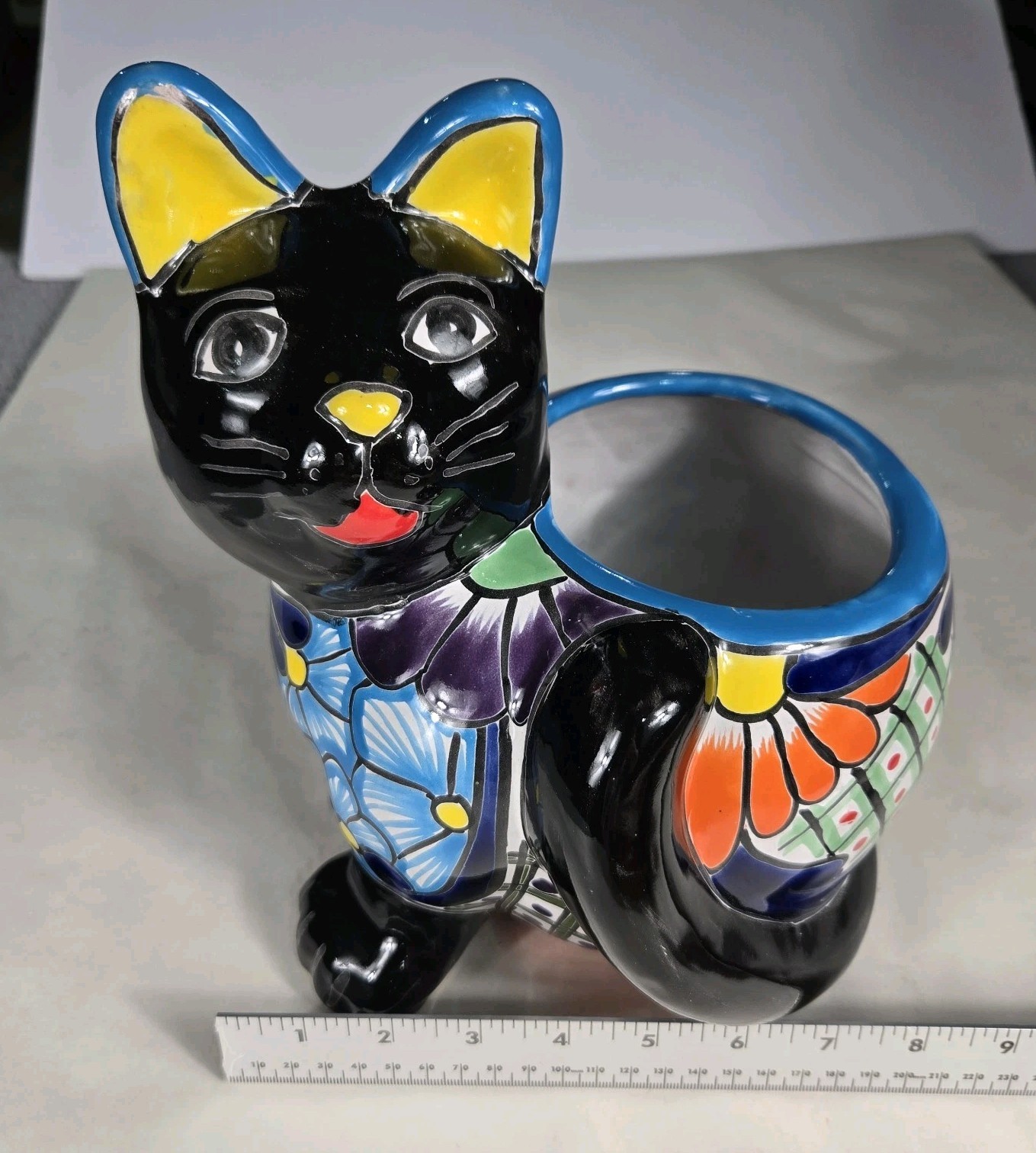 Talavera Cat PlanterMexican Pottery Art Hand Painted Pot 8.5"x 6.5" X 10.5"