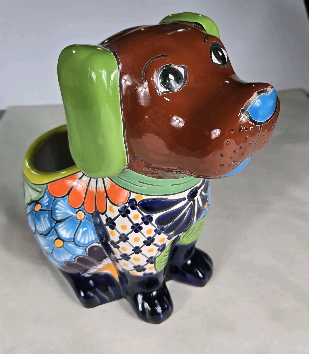 Talavera Dog PlanterMexican Pottery Art Hand Painted Pot 10.75"x 6.5" X 9.5"