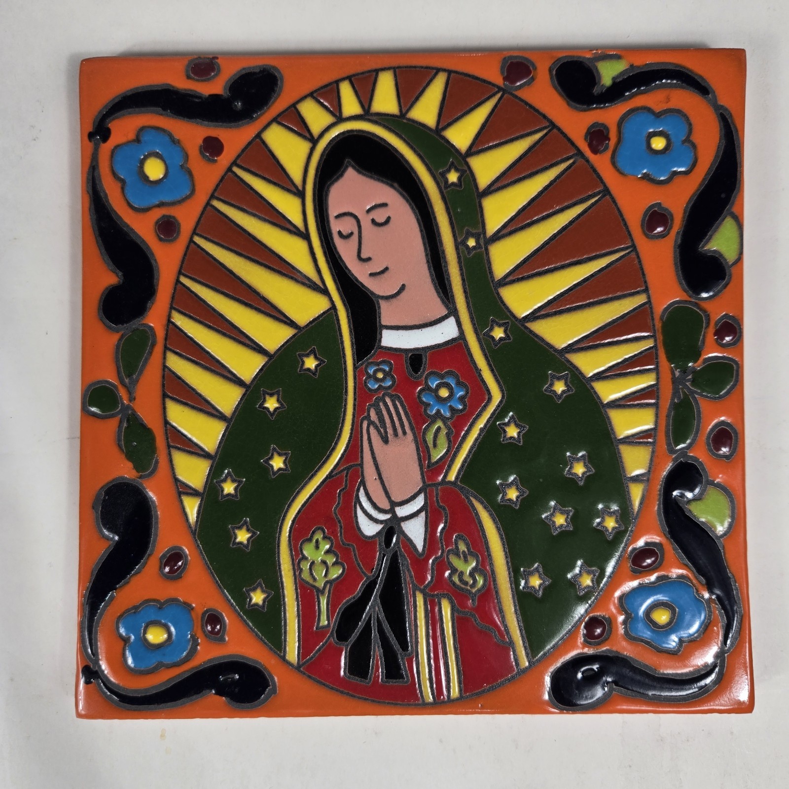 Talavera Virgen De Guadalupe Tile Mexican Art Hand Painted Wall Decor 8x8x.5 In