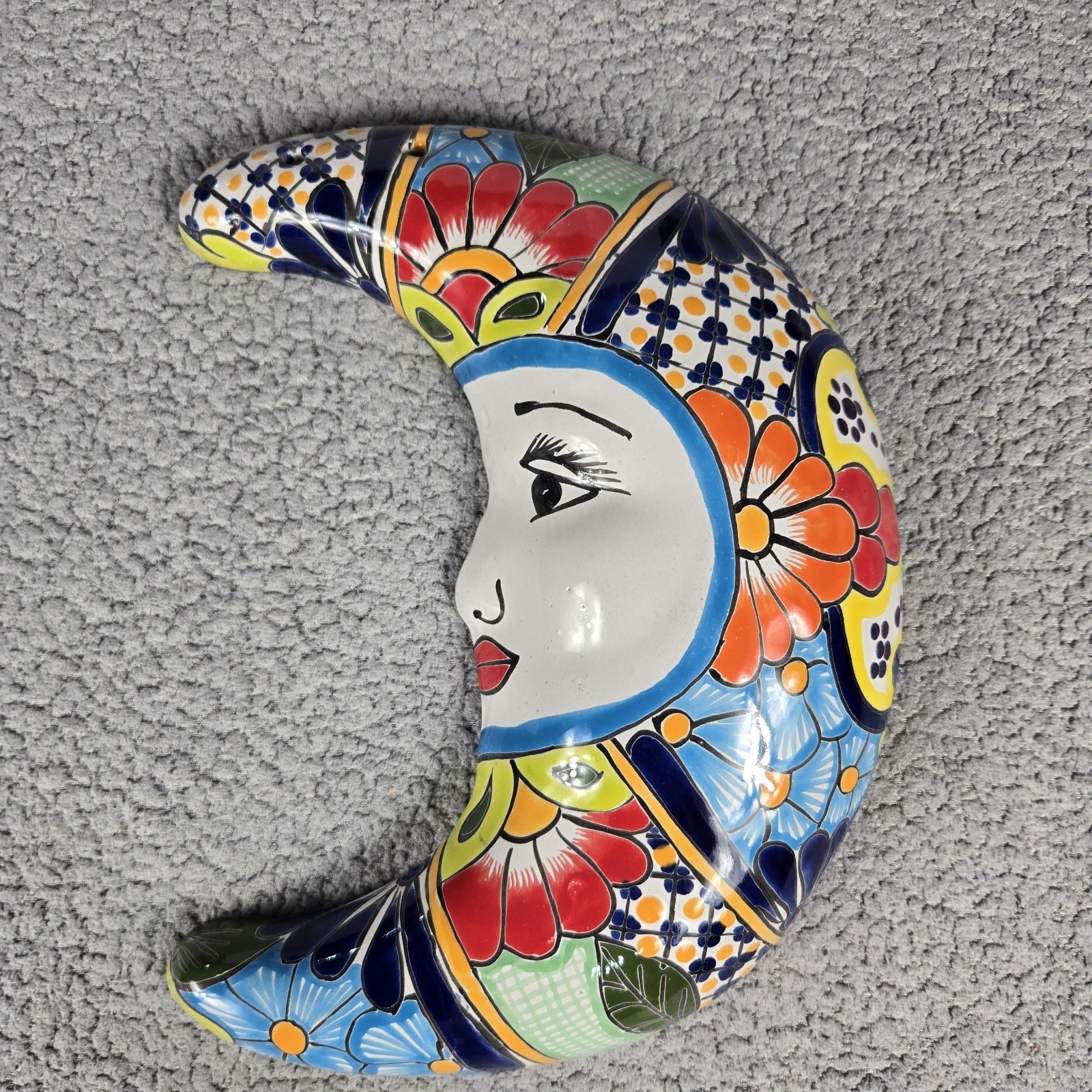 Colorful Talavera Moon Mexican Art Pottery Hand Painted Wall Decor 12"