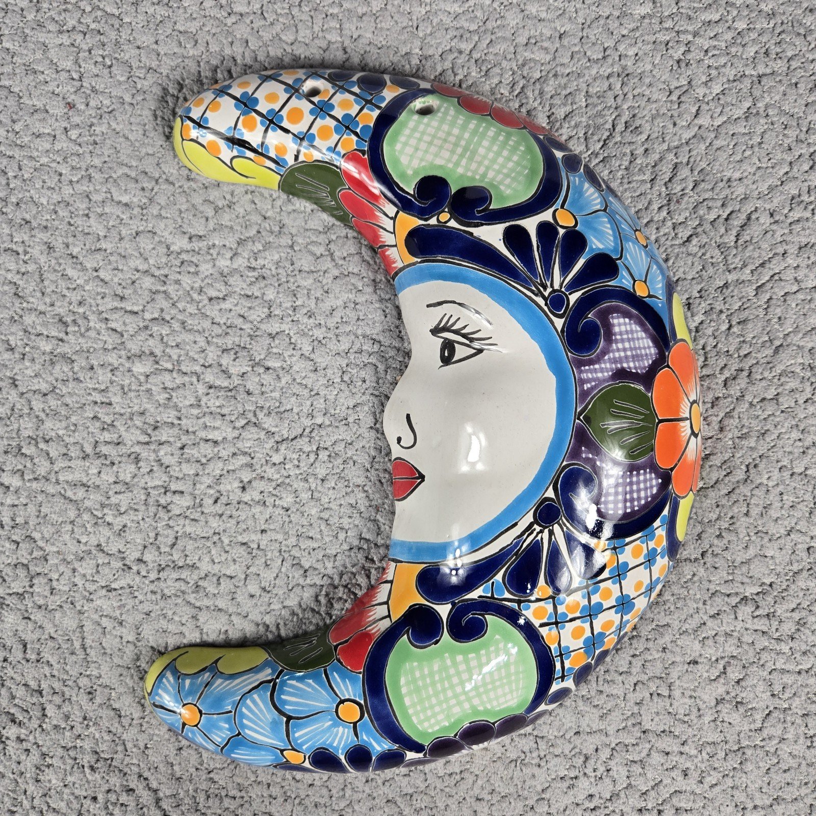 Colorful Talavera Moon Mexican Art Pottery Hand Painted Wall Decor 12"