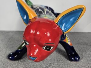 Talavera Peeing Chihuahua Mexican Pottery Art Hand Painted 8 x 9 X 12 In