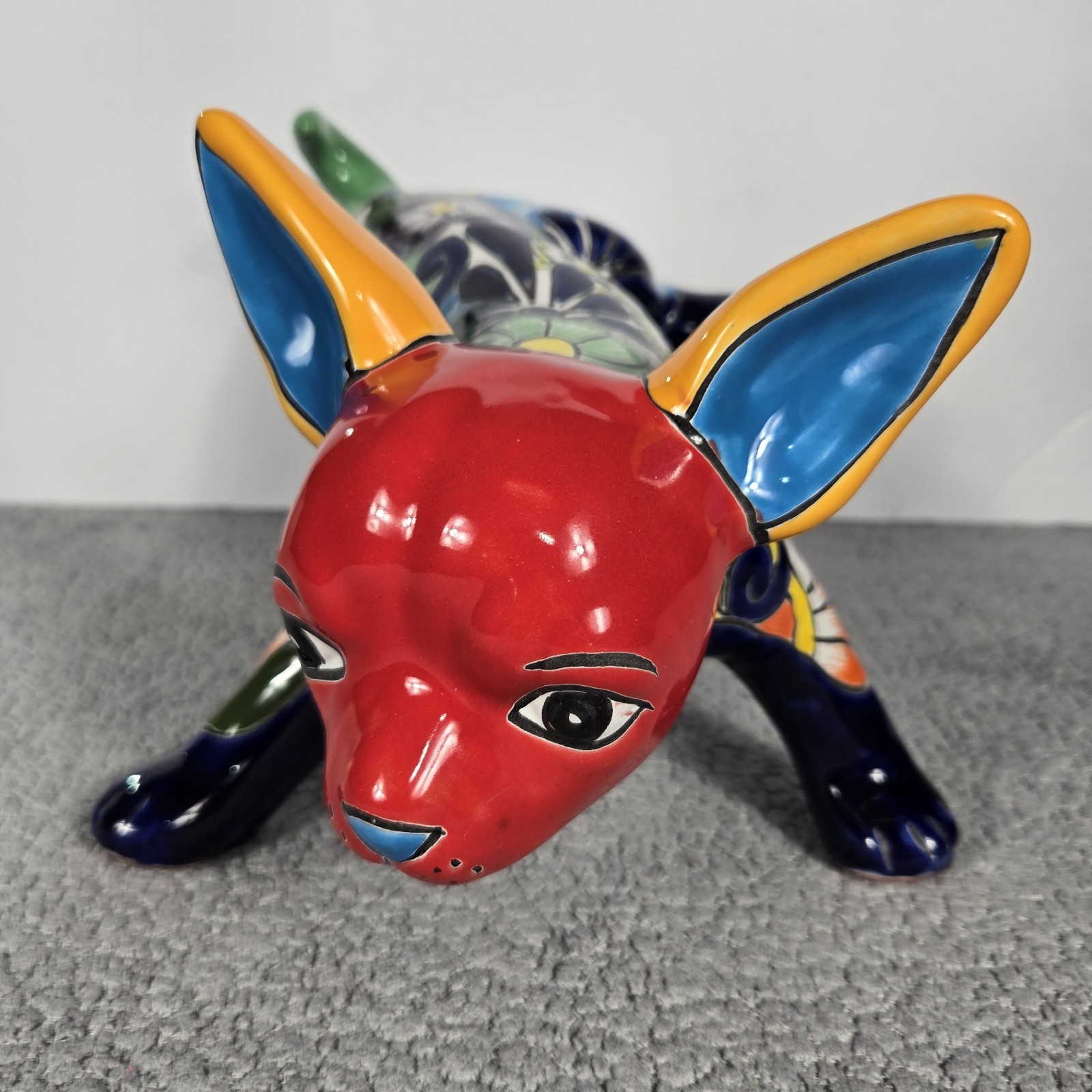 Talavera Peeing Chihuahua Mexican Pottery Art Hand Painted 8 x 9 X 12 In