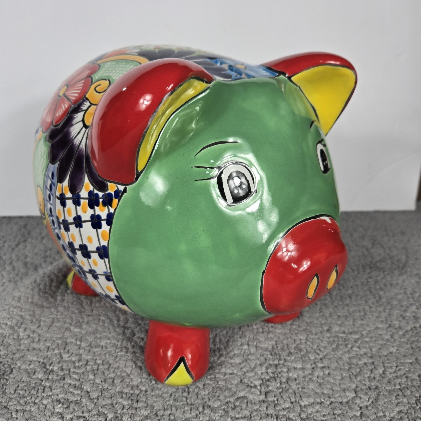 Talavera Piggy Bank Mexican Pottery Art Hand Painted 9.5 x 7.5 X 8 In