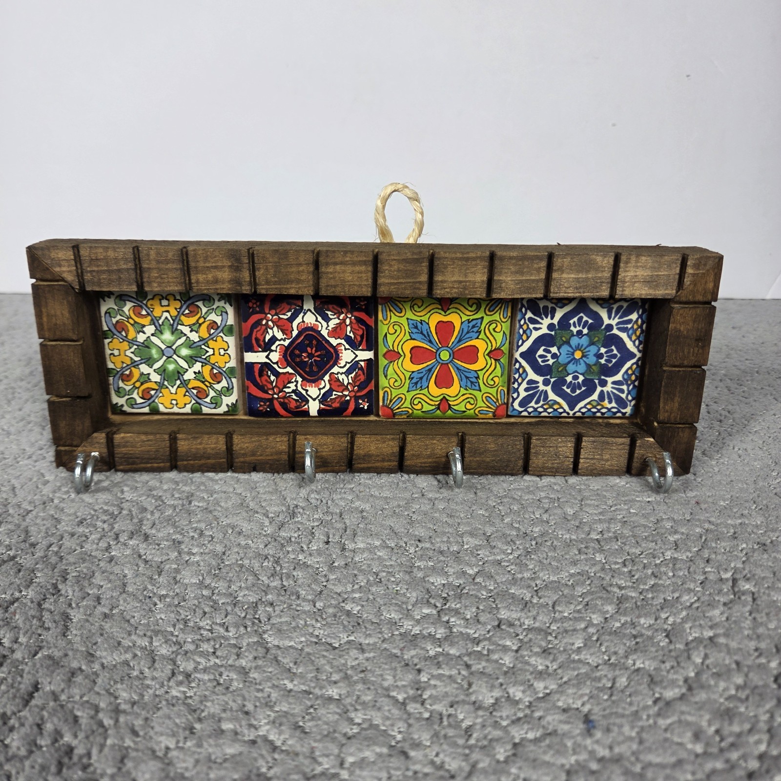 Talavera And Tile Key Holder Hand Made Mexican Art 9.5x4 Inches