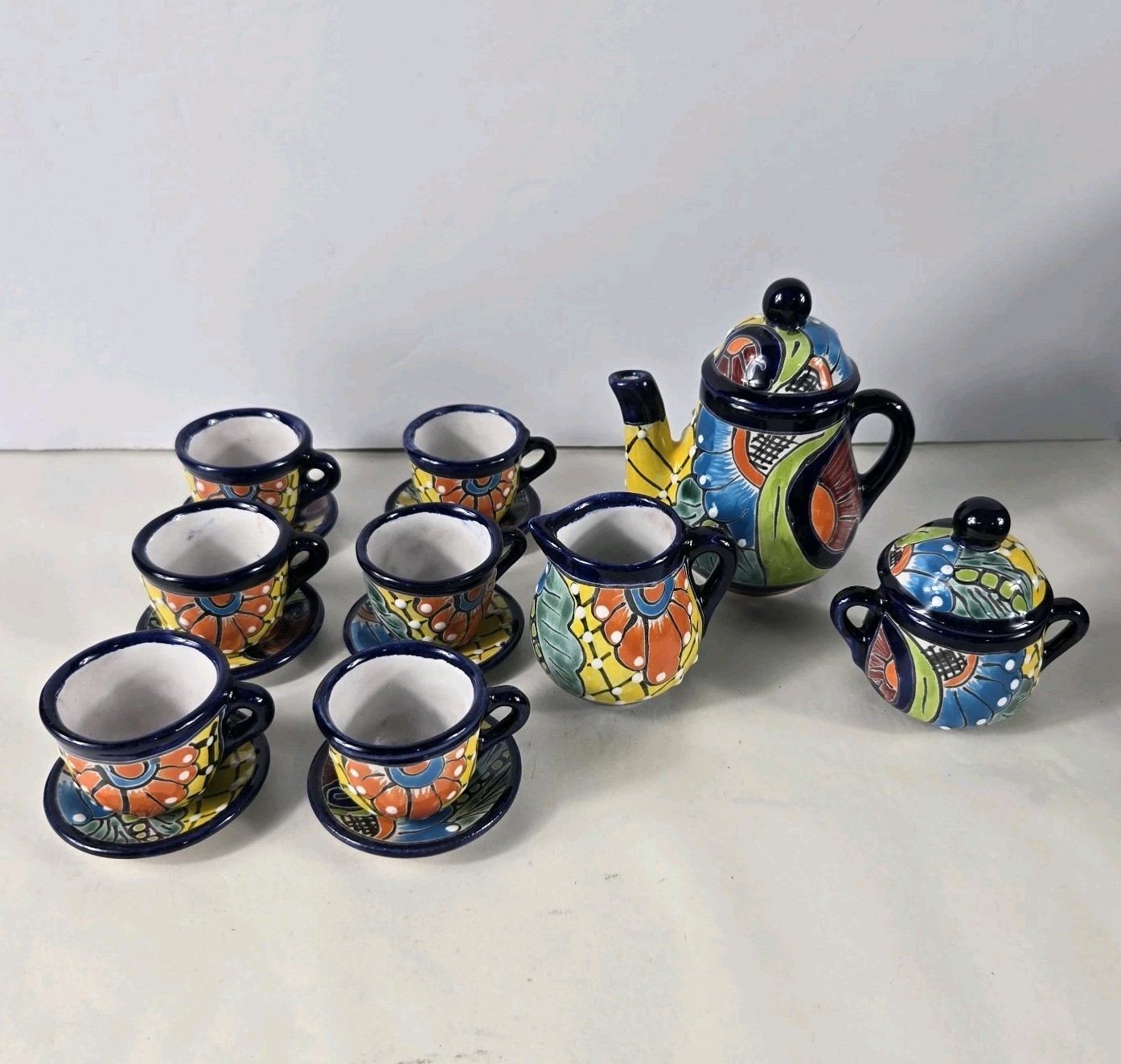 Talavers 12 Pc Tea Set Handmade Mexican Art Colorful