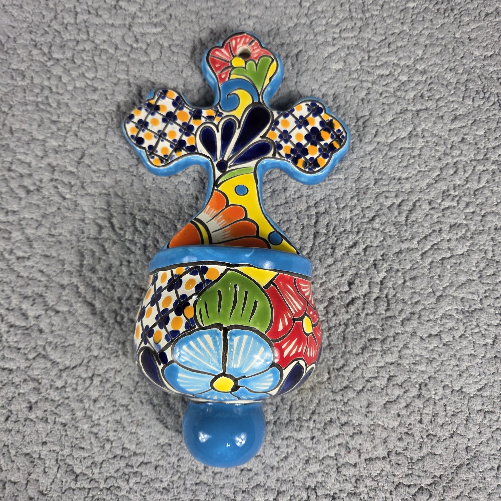 Talavera Colorful Holy Water Font Mexican Art 5.5 X 10.5 Inches Tall
