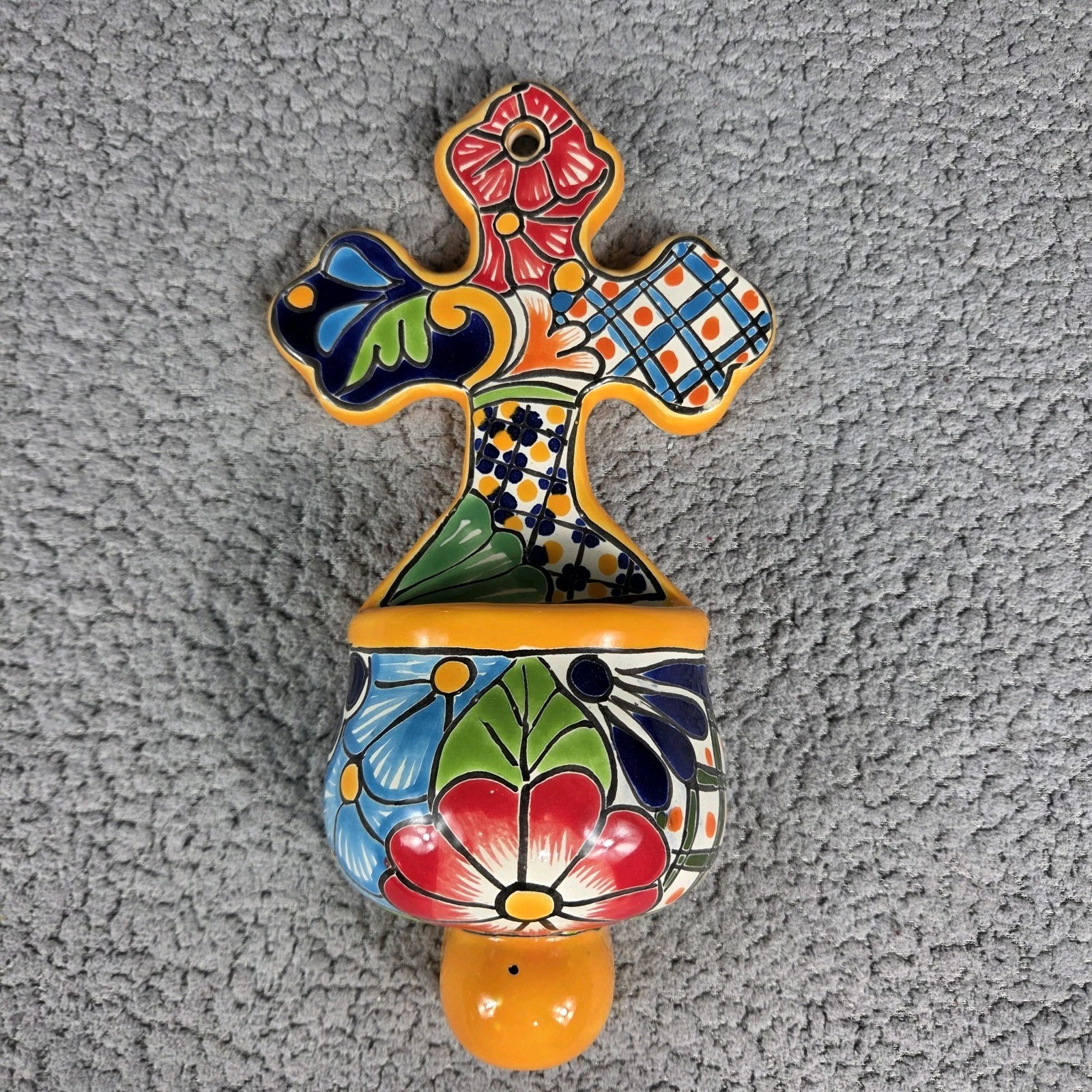 Talavera Colorful Holy Water Font Mexican Art 5.5 X 10.5 Inches Tall