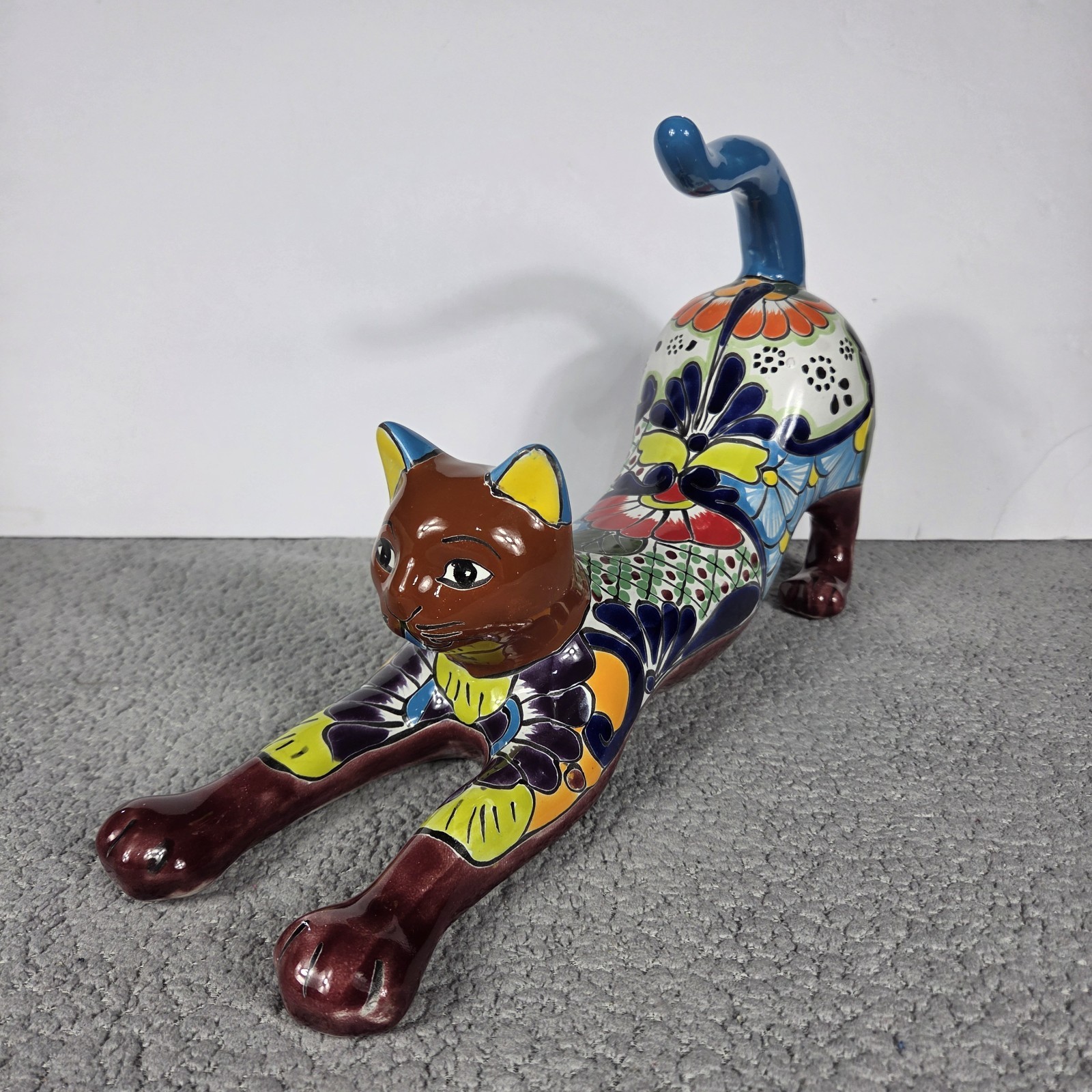 Talavera Cat Figurine Mexican Pottery Art Hand Painted 16.5 x 5 X 9.5 In
