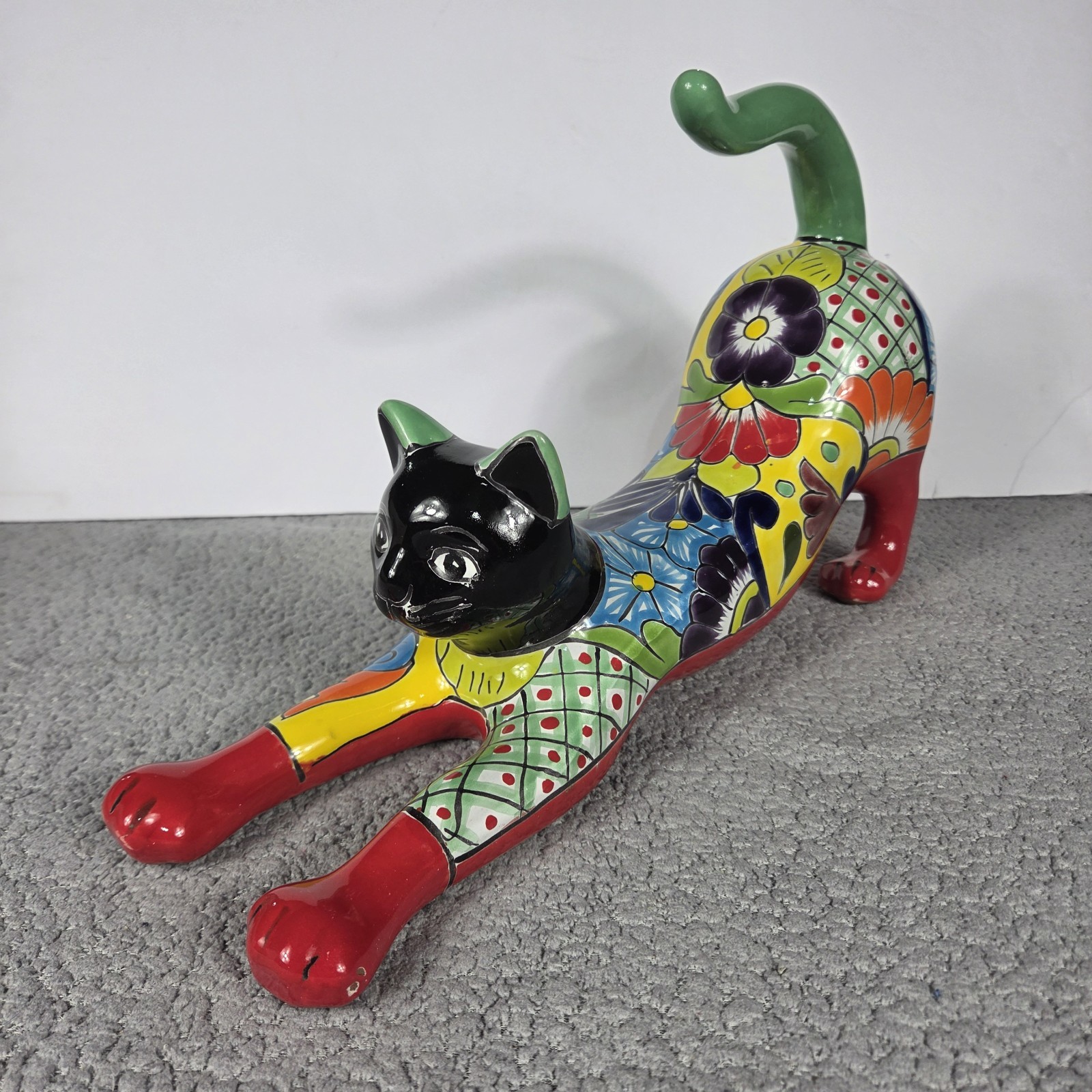 Talavera Cat Figurine Mexican Pottery Art Hand Painted 16.5 x 5 X 9.5 In