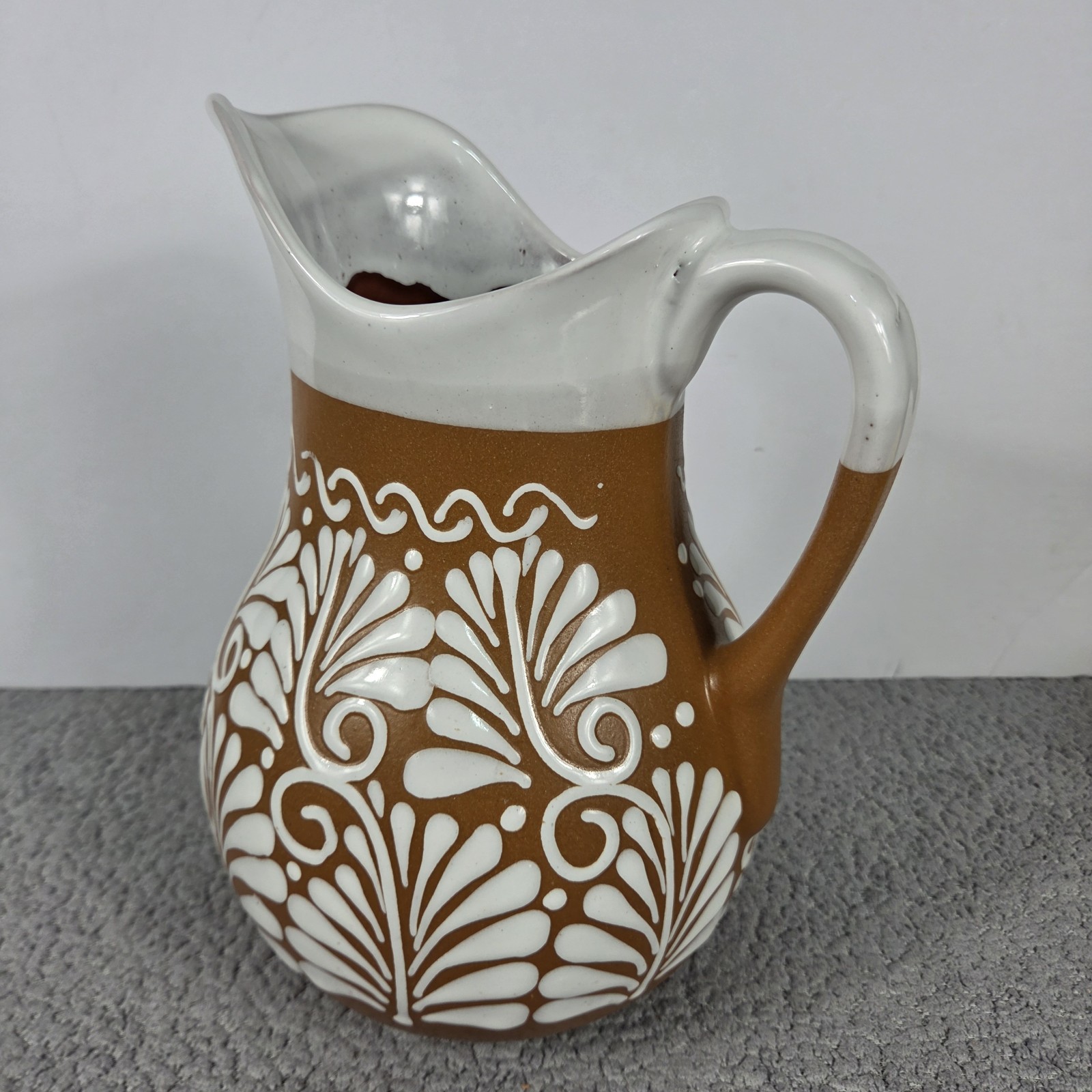 Talavera White On Terracotta Pitcher Handmade Mexican Art 11.5 X 8 Inches
