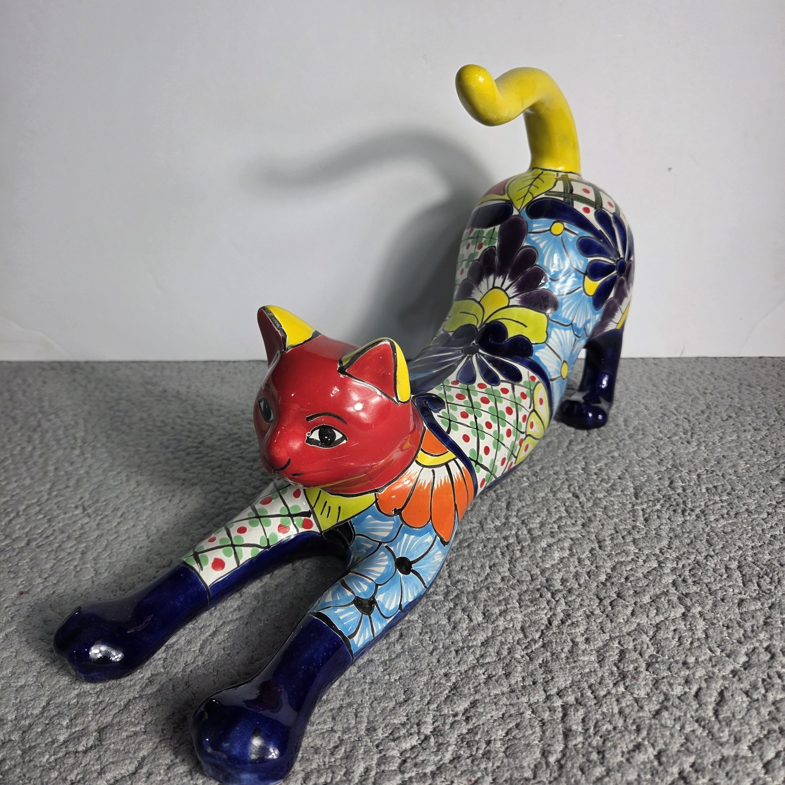 Talavera Cat Figurine Mexican Pottery Art Hand Painted 16.5 x 5 X 9.5 In
