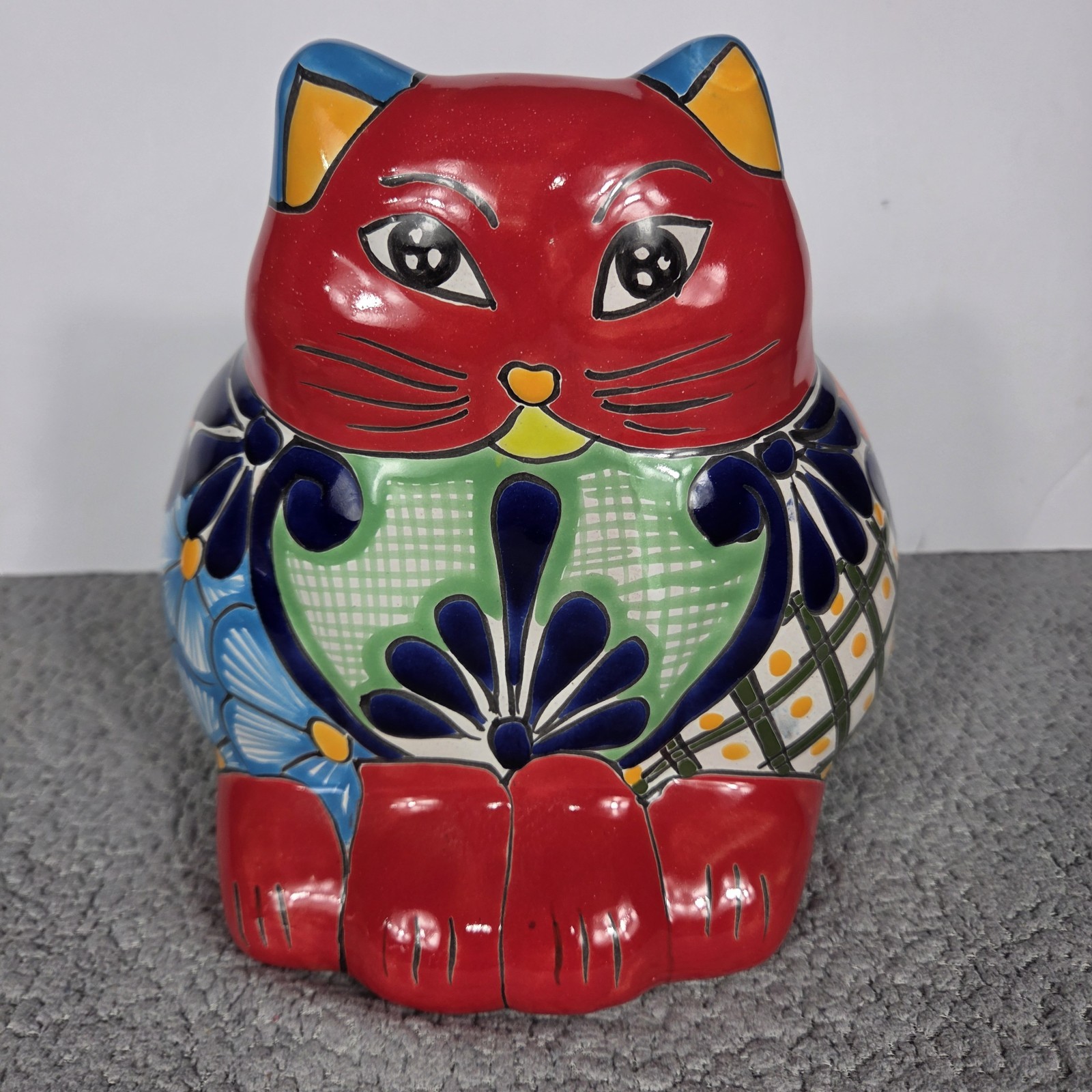 Talavera Cat PlanterMexican Pottery Art Hand Painted Pot 8.5"x 7.5" X 7.5"