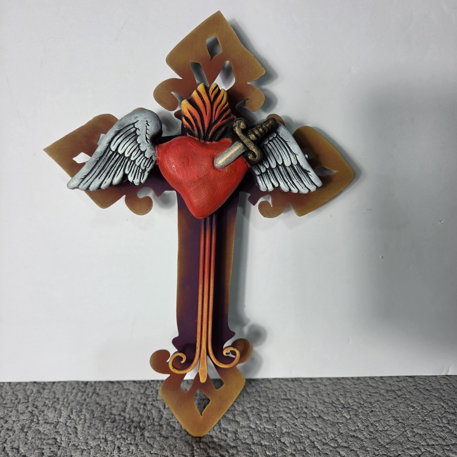 Metal, Fiberglass And Paste Cross With Sacred Heart Wall Ornament, Mexican Art