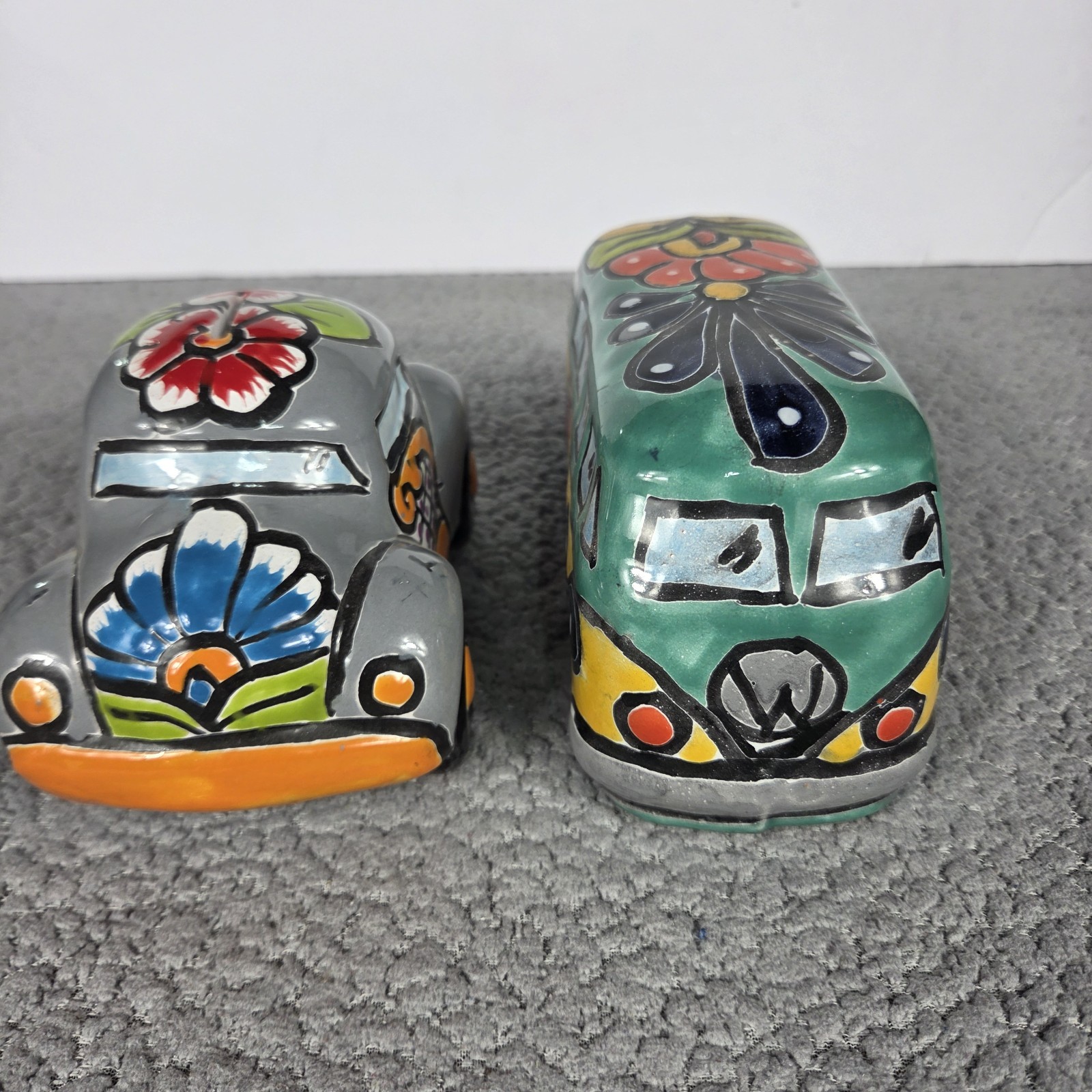 Talavera Pottery Hand Painted VW Beetle And Bus Figurines Mexican Art