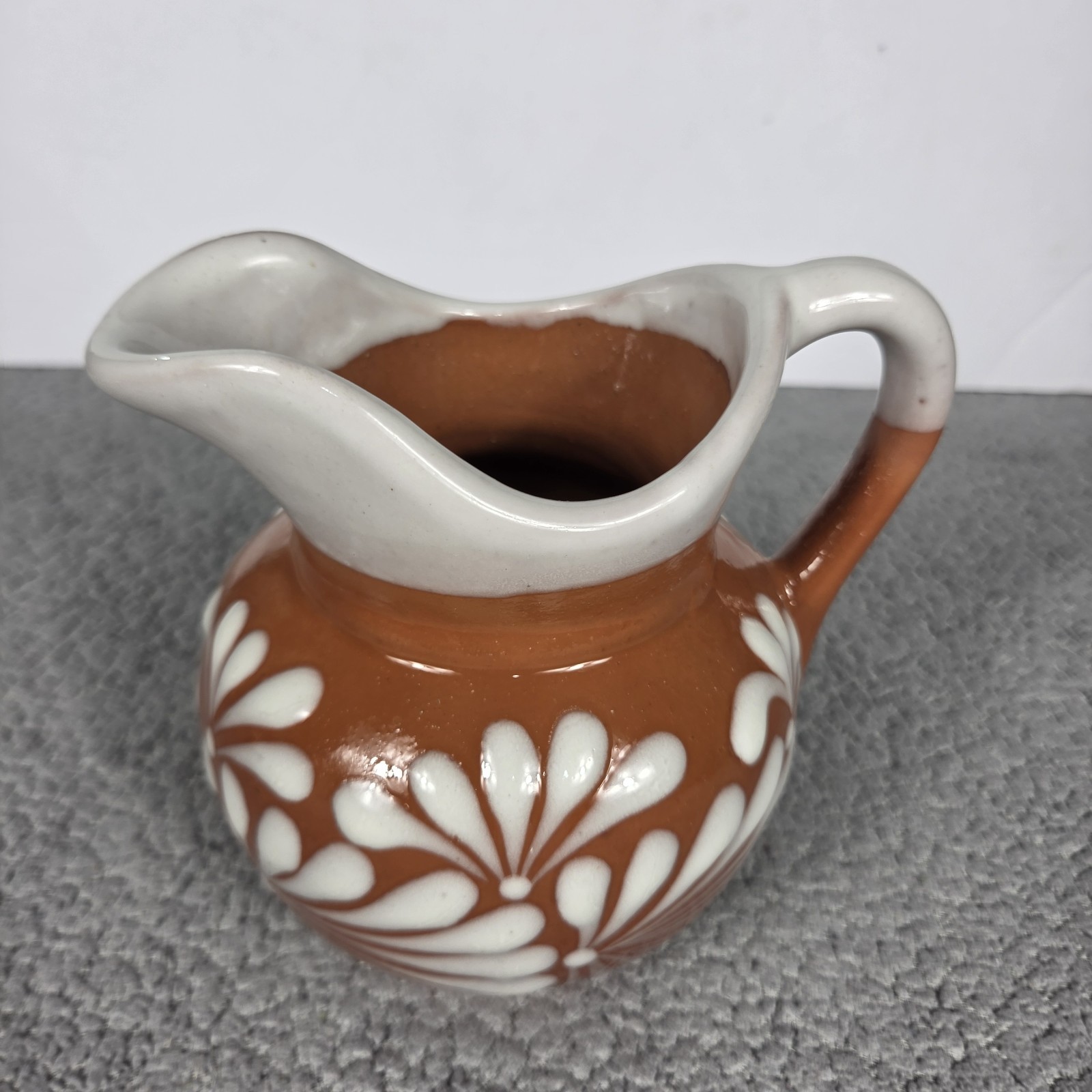 White On Terracotta Talavers Pitcher Handmade Mexican Art