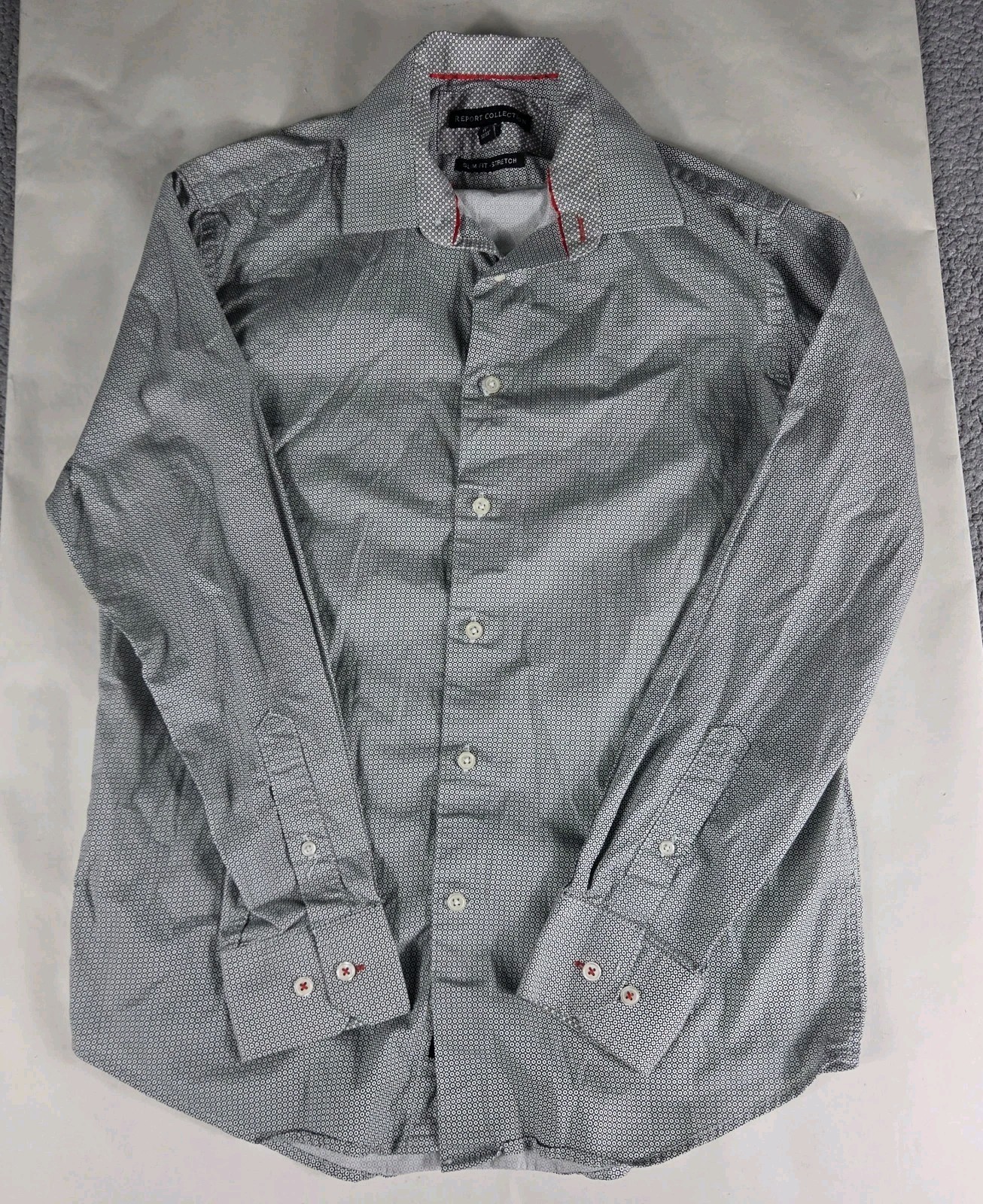 Report Collection Shirt Men S 15" 32/33 Slim Fit Stretch Button Down Gray White