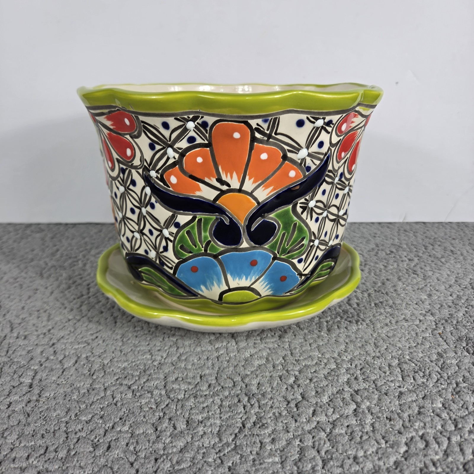 Talavera Planter With Saucer Hand Painted Mexican Art Beautiful Colorful