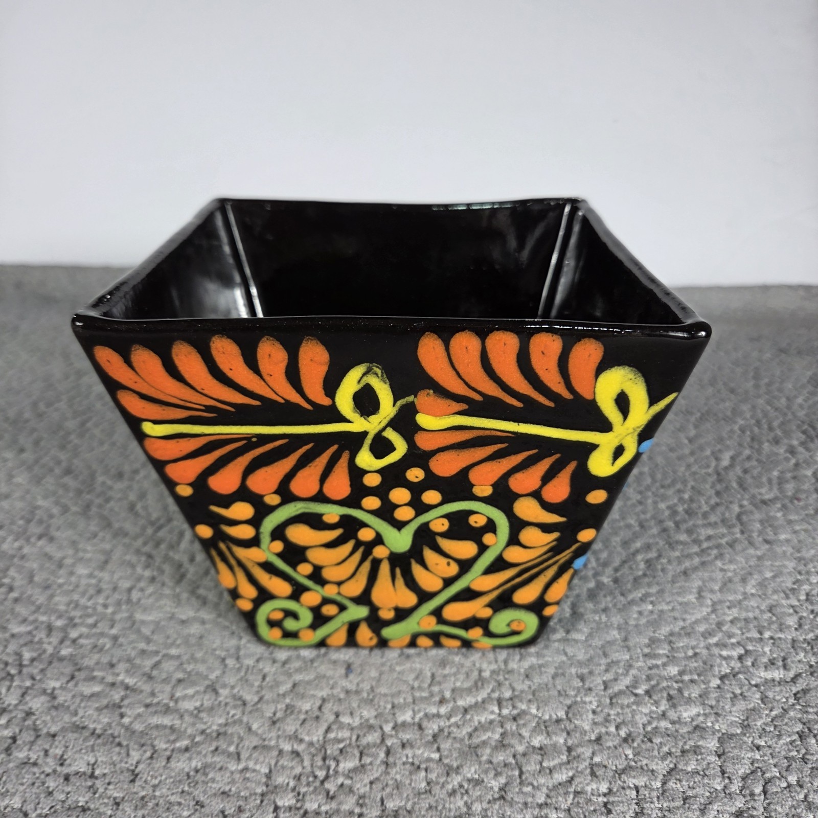 Black Square Planter Hand Painted Mexican Art Clay Pot